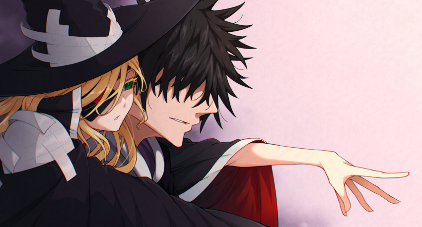 1boy 1girl black_background black_hair blonde_hair colored_eyelashes commentary_request eyelashes eyepatch gradient gradient_background green_eyes hat hidden_eyes highres irokohaku kamijou_touma leaning_on_person othinus outstretched_arm pink_background short_hair spiky_hair to_aru_majutsu_no_index to_aru_majutsu_no_index:_new_testament wavy_hair witch_hat