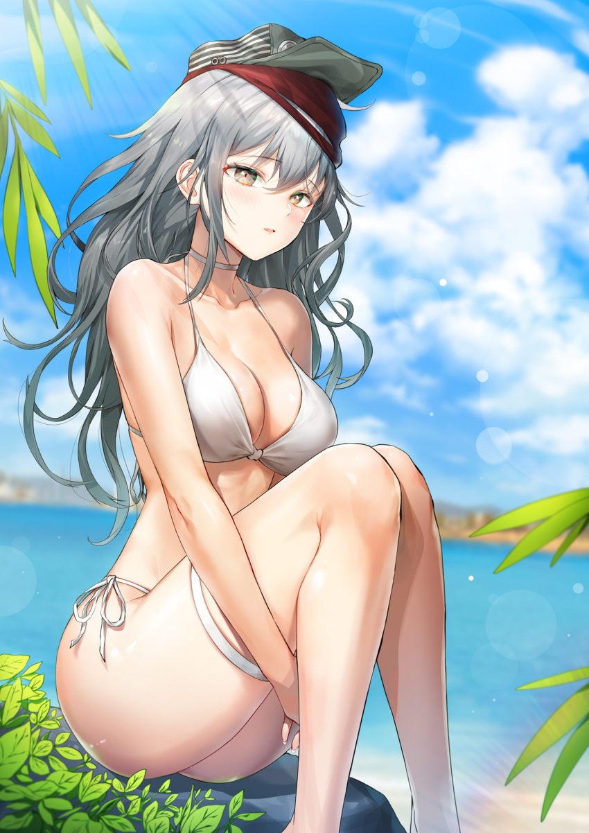 1girl bangs bare_shoulders beach bikini blue_sky blush breasts brown_eyes choker clouds day eyebrows_visible_through_hair g11_(girls_frontline) girls_frontline greem_bang green_headwear hair_between_eyes hat highres leg_hug long_hair looking_at_viewer medium_breasts ocean open_mouth outdoors paid_reward sand scarf_on_head side-tie_bikini sidelocks silver_hair sitting sky sunlight swimsuit thigh_strap thighs white_bikini