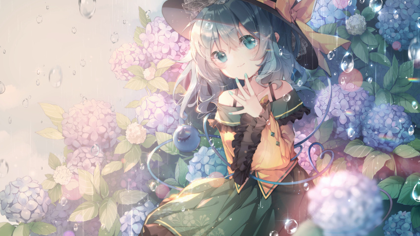 1girl absurdres aqua_nails bangs bare_shoulders black_headwear blue_eyes blue_flower blue_hair blurry blurry_foreground bow closed_mouth commentary_request depth_of_field eyebrows_visible_through_hair fingernails flower frilled_sleeves frills green_skirt hair_between_eyes hat hat_bow highres hydrangea komeiji_koishi long_hair long_sleeves looking_at_viewer nail_polish off-shoulder_shirt off_shoulder pleated_skirt purple_flower rokusai shirt skirt smile solo third_eye touhou water_drop white_flower wide_sleeves yellow_bow yellow_shirt