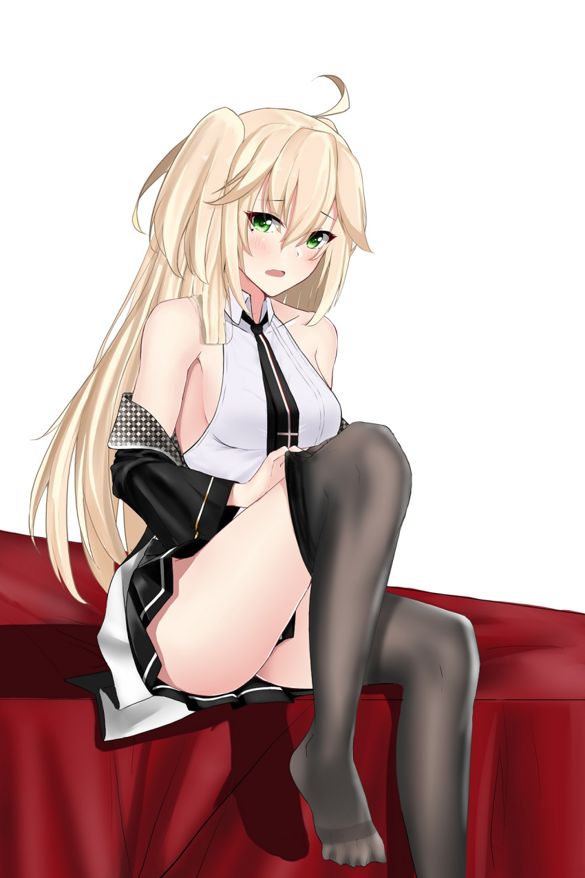 1069447261 1girl admiral_hipper_(azur_lane) admiral_hipper_(muse)_(azur_lane) ahoge alternate_costume azur_lane bangs bare_shoulders black_jacket black_legwear black_neckwear black_skirt blonde_hair blush breasts collarbone collared_shirt commentary eyebrows_visible_through_hair feet green_eyes hair_between_eyes highres idol iron_cross jacket knee_up leg_up long_hair looking_at_viewer miniskirt mole mole_under_eye necktie off_shoulder open_mouth pleated_skirt raised_eyebrows shirt sitting skirt sleeveless sleeveless_shirt small_breasts solo thigh-highs thighs tsurime white_shirt wide_sleeves