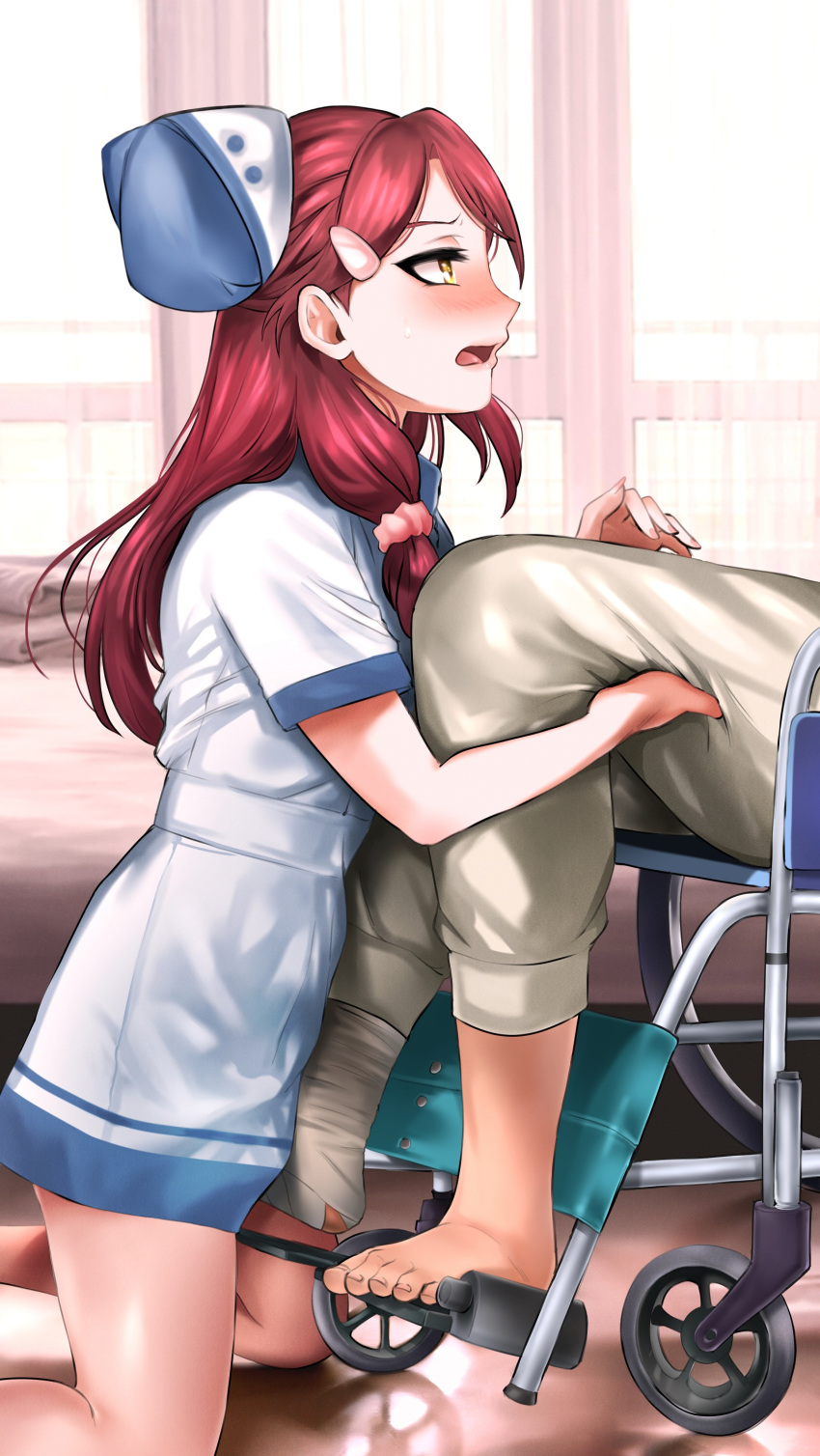 1boy 1girl absurdres bandaged_leg bandages barefoot blush embarrassed from_side hat highres kneeling long_hair love_live! love_live!_school_idol_project love_live!_sunshine!! nurse nurse_cap panties pink_scrunchie redhead sakurauchi_riko scrunchie solo07450075 solo_focus swimsuit underwear wheelchair yellow_eyes