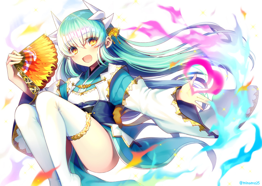 1girl dragon_girl dragon_horns fan fate/grand_order fate_(series) green_hair holding holding_fan horns japanese_clothes kimono kiyohime_(fate/grand_order) looking_at_viewer minamo25 obi open_mouth sash short_kimono smile solo thigh-highs white_legwear wide_sleeves yellow_eyes