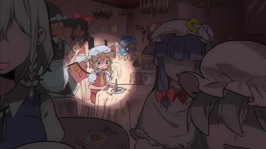 10000_we 6+girls :d banner barefoot black_headwear blonde_hair blue_bow bow candle chandelier cirno closed_mouth commentary commentary_request constricted_pupils crystal english_commentary faceless faceless_female false_smile flandre_scarlet food fork grey_hair hair_bow hakurei_reimu happy_new_year hat hat_bow highres hong_meiling ice_cream izayoi_sakuya kirisame_marisa koakuma komeiji_koishi lonely long_hair medium_bangs mob_cap multiple_girls open_mouth patchouli_knowledge pink_headwear plate red_bow red_eyes redhead remilia_scarlet rumia short_hair smile solo_focus spotlight touhou triangle_mouth upper_body violet_eyes white_bow wings witch_hat