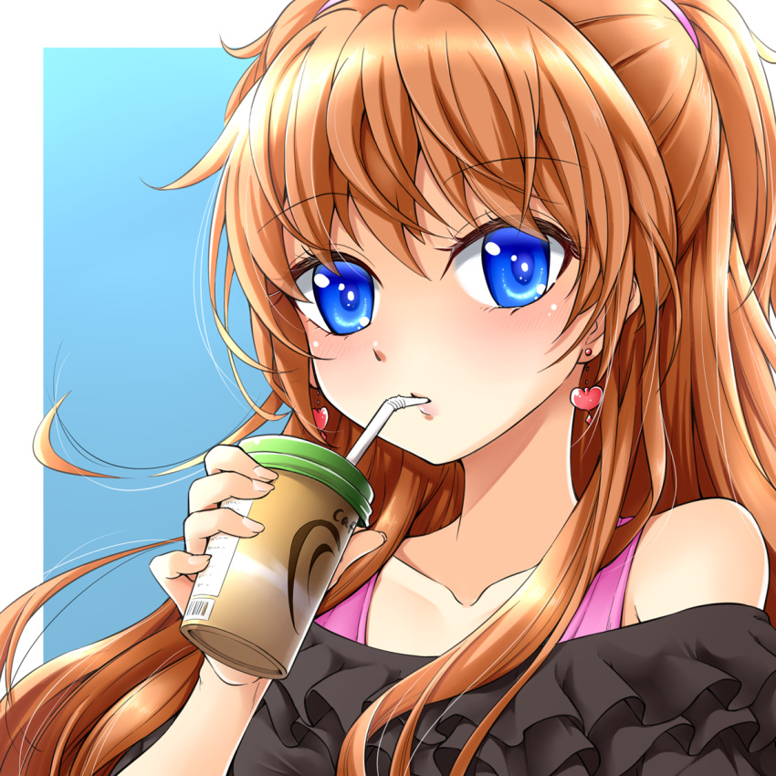 1girl bangs black_shirt blue_background blue_eyes brown_hair collarbone drinking drinking_straw_in_mouth earrings eyebrows_visible_through_hair floating_hair frilled_shirt frills hair_between_eyes hair_ribbon heart heart_earrings highres houjou_hibiki jewelry kanichiri long_hair looking_at_viewer off-shoulder_shirt off_shoulder pink_ribbon portrait precure ribbon shiny shiny_hair shirt solo suite_precure two_side_up very_long_hair white_background