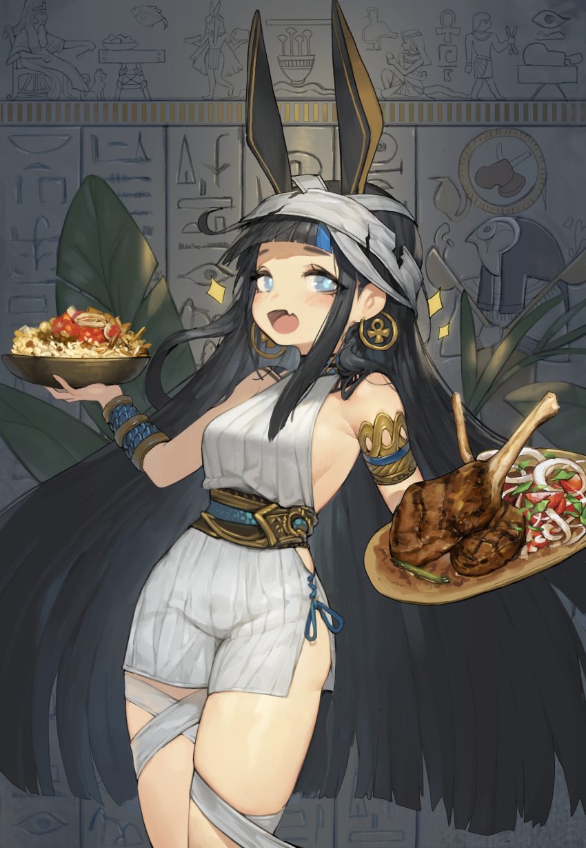1girl :o absurdres animal_ears anubis armlet bandages bare_shoulders black_hair blue_eyes bracelet breasts chicken_(food) dress earrings egyptian_art egyptian_clothes extra_ears fang food grey_dress hieroglyphics highres holding holding_plate jewelry large_breasts long_hair looking_at_viewer multicolored_hair neck_ring open_mouth original plate romana side_slit sidelocks sleeveless sleeveless_dress solo sparkle thighs two-tone_hair very_long_hair