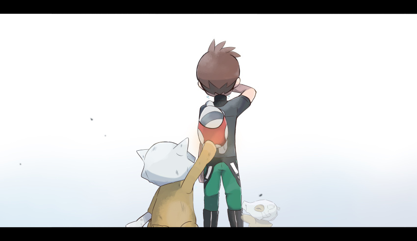 1boy backpack bag black_shirt bone brown_hair cubone highres holding holding_bone letterboxed marowak pokemon pokemon_(game) pokemon_lgpe shin_(pokemon) shirt short_hair socks tears turtleneck