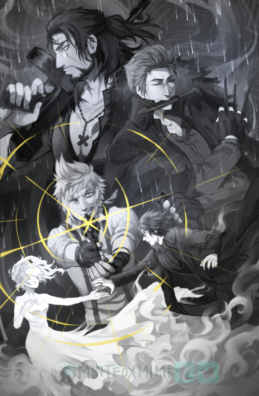 4boys aiming_at_viewer alternate_universe beard dagger dress facial_hair final_fantasy final_fantasy_xv fingerless_gloves formal gladiolus_amicitia gloves gun handgun highres ignis_scientia jacket_on_shoulders jewelry lens_flare licking_lips looking_at_viewer lunafreya_nox_fleuret mintfoxmimi monochrome mouth_hold multiple_boys noctis_lucis_caelum noir_(theme) over_shoulder ponytail prompto_argentum rain revolver ring scar scarf short_hair smoke spiky_hair spot_color submachine_gun suit suspenders thompson_submachine_gun tongue tongue_out weapon weapon_over_shoulder