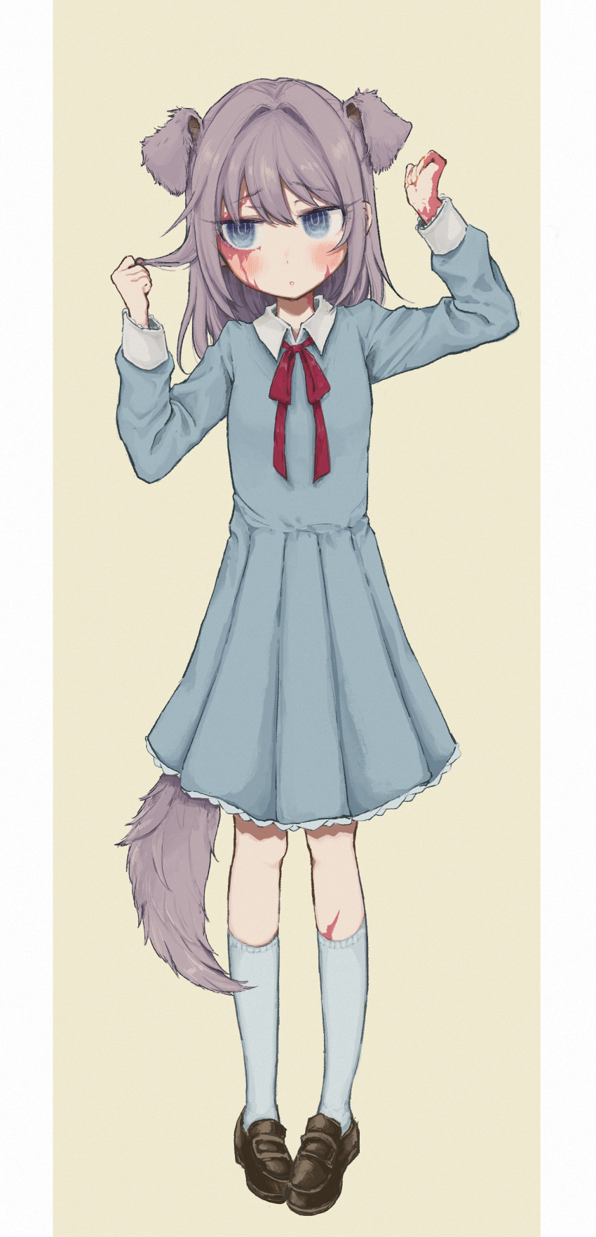1girl absurdres animal_ears bangs black_footwear blue_dress blue_eyes blush burn_scar dog_ears dog_tail dorei_to_no_seikatsu_~teaching_feeling~ dress extra_ears eyebrows_visible_through_hair eyes_visible_through_hair full_body grey_hair hair_between_eyes hands_up highres kemonomimi_mode kneehighs long_hair long_sleeves looking_at_viewer neck_ribbon parted_lips pigeon-toed pleated_dress red_neckwear red_ribbon ribbon ringed_eyes scar shoes simple_background solo standing sutegoma sylvie_(dorei_to_no_seikatsu) tail white_legwear wing_collar