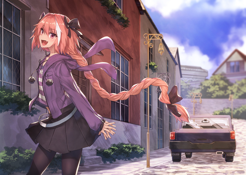 1boy :d astolfo_(fate) belt black_bow black_legwear black_skirt blue_sky bow building casual clouds commentary_request cowboy_shot crop_top day drawstring fang fate/apocrypha fate_(series) ground_vehicle hair_bow hood hooded_jacket ibuki_notsu jacket long_braid long_hair long_sleeves looking_at_viewer male_focus midriff_peek miniskirt multicolored_hair open_clothes open_jacket open_mouth otoko_no_ko outdoors pantyhose pink_hair pleated_skirt pom_pom_(clothes) purple_jacket purple_shirt shirt skin_fang skirt sky smile standing streaked_hair striped striped_shirt very_long_hair violet_eyes white_belt white_hair white_shirt window