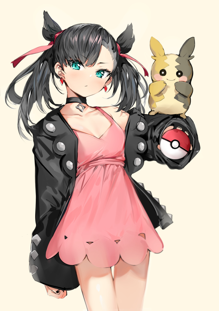 1girl absurdres aqua_eyes asymmetrical_bangs bangs bare_shoulders beige_background black_choker black_hair black_jacket black_nails breasts choker closed_mouth collarbone dress earrings eyebrows_visible_through_hair gen_8_pokemon hair_ribbon highres holding holding_poke_ball jacket jewelry long_sleeves looking_at_viewer mary_(pokemon) morpeko nail_polish off_shoulder open_clothes open_jacket pink_dress poke_ball poke_ball_(generic) pokemon pokemon_(creature) pokemon_(game) pokemon_swsh red_ribbon revision ribbon silver_(chenwen) simple_background sleeveless sleeveless_dress sleeves_past_wrists small_breasts smile twintails