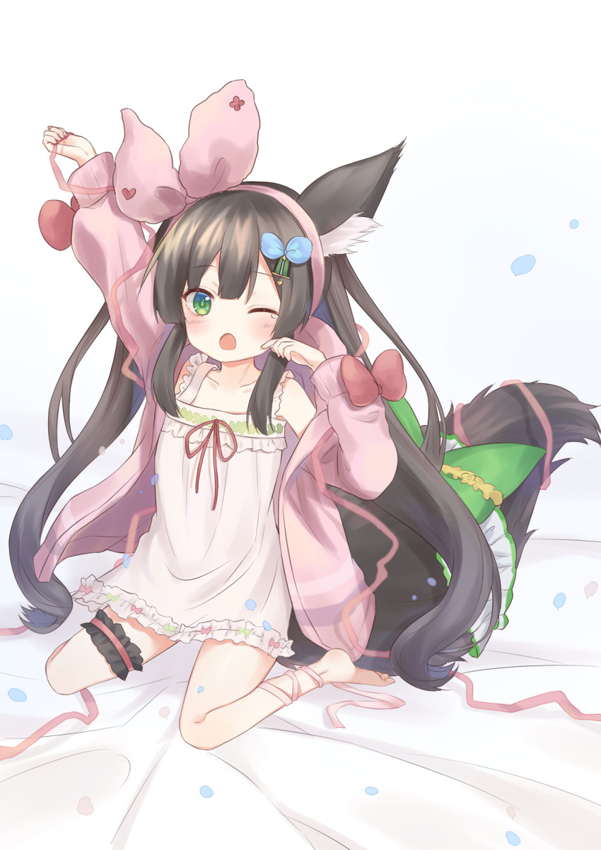 animal_ears arm_up bed black_hair blush chigusa_hana chigusa_hana_channel collarbone commentary_request fox_ears fox_tail green_eyes hair_between_eyes hair_ornament headband highres jacket kneeling long_hair one_eye_closed open_mouth ribbon simple_background tail tears virtual_youtuber white_background yawning