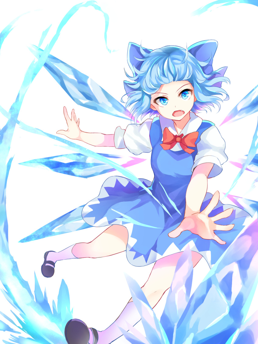 1girl black_footwear blue_bow blue_eyes blue_hair bow bowtie cirno dress fang hair_bow highres ice ice_wings looking_at_viewer mary_janes nagomian open_mouth red_bow shoes short_hair short_sleeves socks solo touhou white_background white_legwear wings