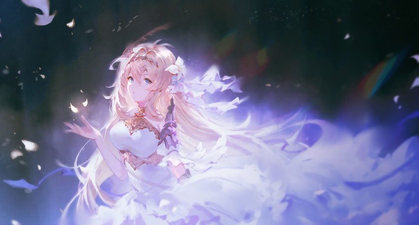 1girl ahoge armor black_background blonde_hair blue_eyes detached_sleeves dress flower granblue_fantasy hair_between_eyes hair_flower hair_intakes hair_ornament jeanne_d'arc_(granblue_fantasy) long_hair solo tiara vienri white_dress white_petals