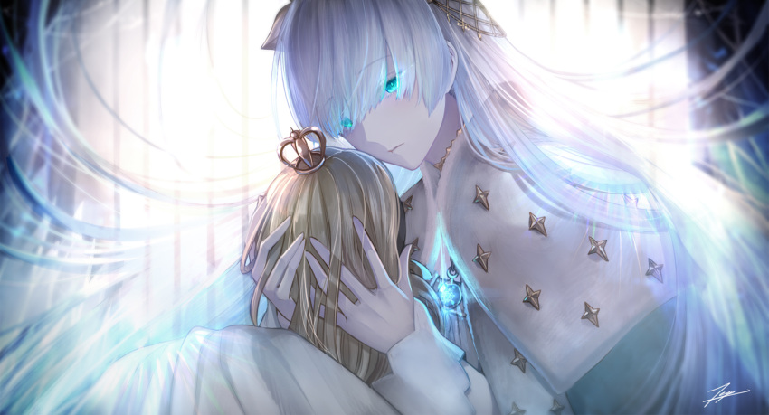 1girl anastasia_(fate/grand_order) blue_eyes cape doll doll_hug dress fate/grand_order fate_(series) glowing glowing_eyes jewelry long_hair pendant signature silver_hair tenyo0819 very_long_hair