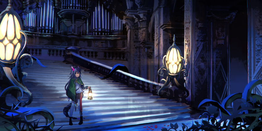 1girl absurdres black_footwear black_hair black_shorts blue_theme boots cape commentary_request dark dark_skin diffraction_spikes fantasy glowing green_cape highres holding_lantern horns indoors instrument lantern leaf long_hair long_sleeves looking_at_viewer original overgrown petals pillar pipe_organ plant reflection sagiri_(ulpha220) shirt shorts solo stairs standing tail thorns vines white_legwear white_shirt