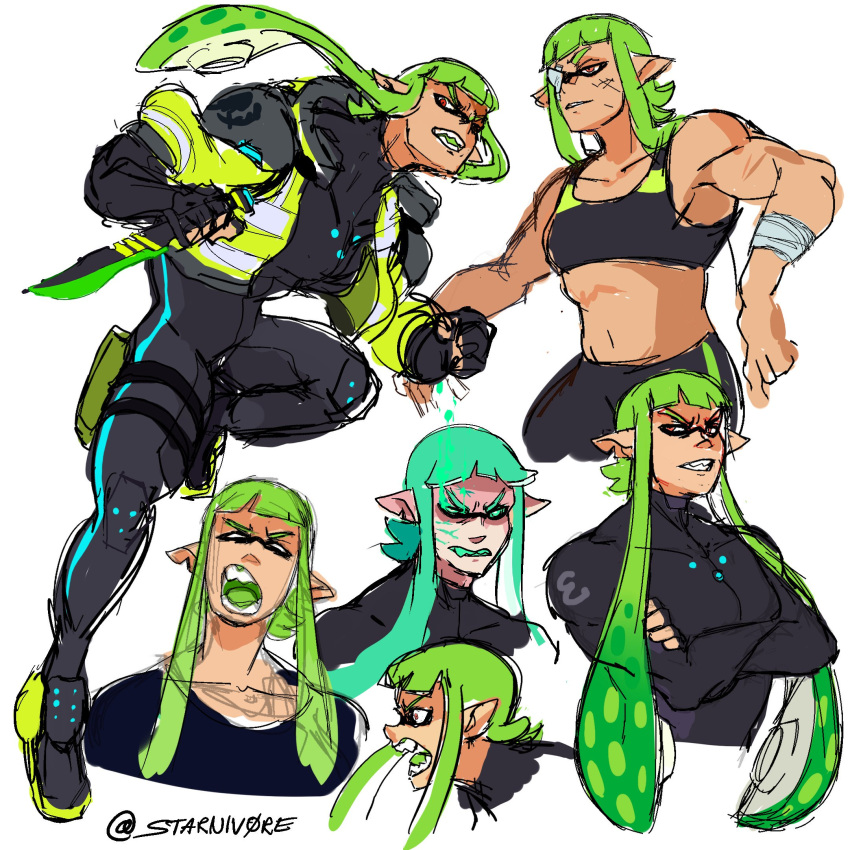 1girl bangs blunt_bangs bodysuit combat_knife domino_mask green_hair highres holding holding_knife holding_weapon inkling knife long_hair mask muscle muscular_female open_mouth pink_eyes pointy_ears simple_background solo splatoon_(series) squidbeak_splatoon starnivorous tentacle_hair weapon white_background