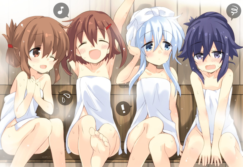 ! 4girls akatsuki_(kantai_collection) arms_up bangs blue_eyes blush brown_eyes brown_hair closed_eyes eyebrows_visible_through_hair fang feet flying_sweatdrops folded_ponytail hair_between_eyes hair_ornament hair_up hairclip hibiki_(kantai_collection) highres hizuki_yayoi ikazuchi_(kantai_collection) inazuma_(kantai_collection) kantai_collection long_hair multiple_girls musical_note naked_towel open_mouth ponytail purple_hair sauna short_hair sidelocks silver_hair sitting skin_fang sweat towel towel_on_head violet_eyes wavy_mouth