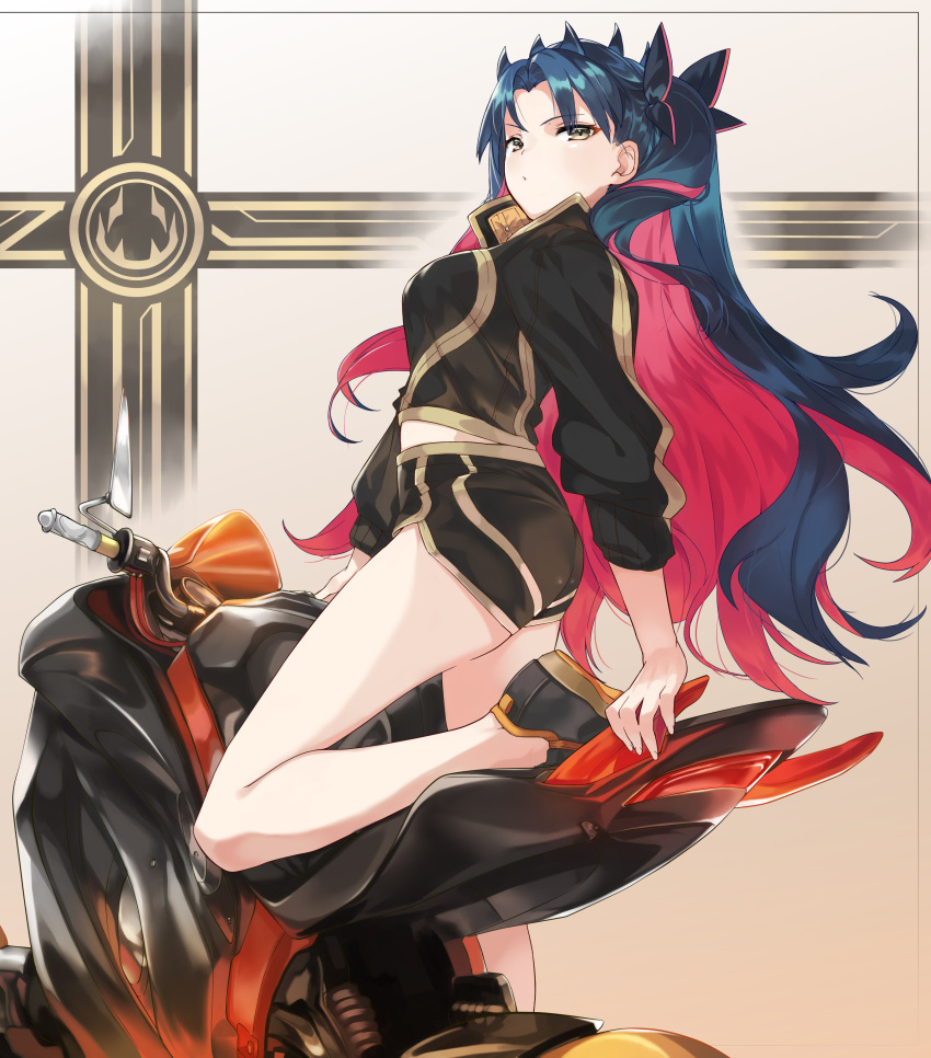 1girl absurdres alternate_costume ass bangs black_bow black_footwear black_hair black_horns black_jacket black_shorts bow breasts closed_mouth contemporary fate/grand_order fate_(series) grey_eyes ground_vehicle hair_bow highres horns ishtar_(fate/grand_order) jacket legs legs_apart long_hair long_sleeves looking_at_viewer medium_breasts motor_vehicle motorcycle multicolored_hair ohland parted_bangs redhead shorts solo space_ishtar_(fate) thighs two-tone_hair two_side_up