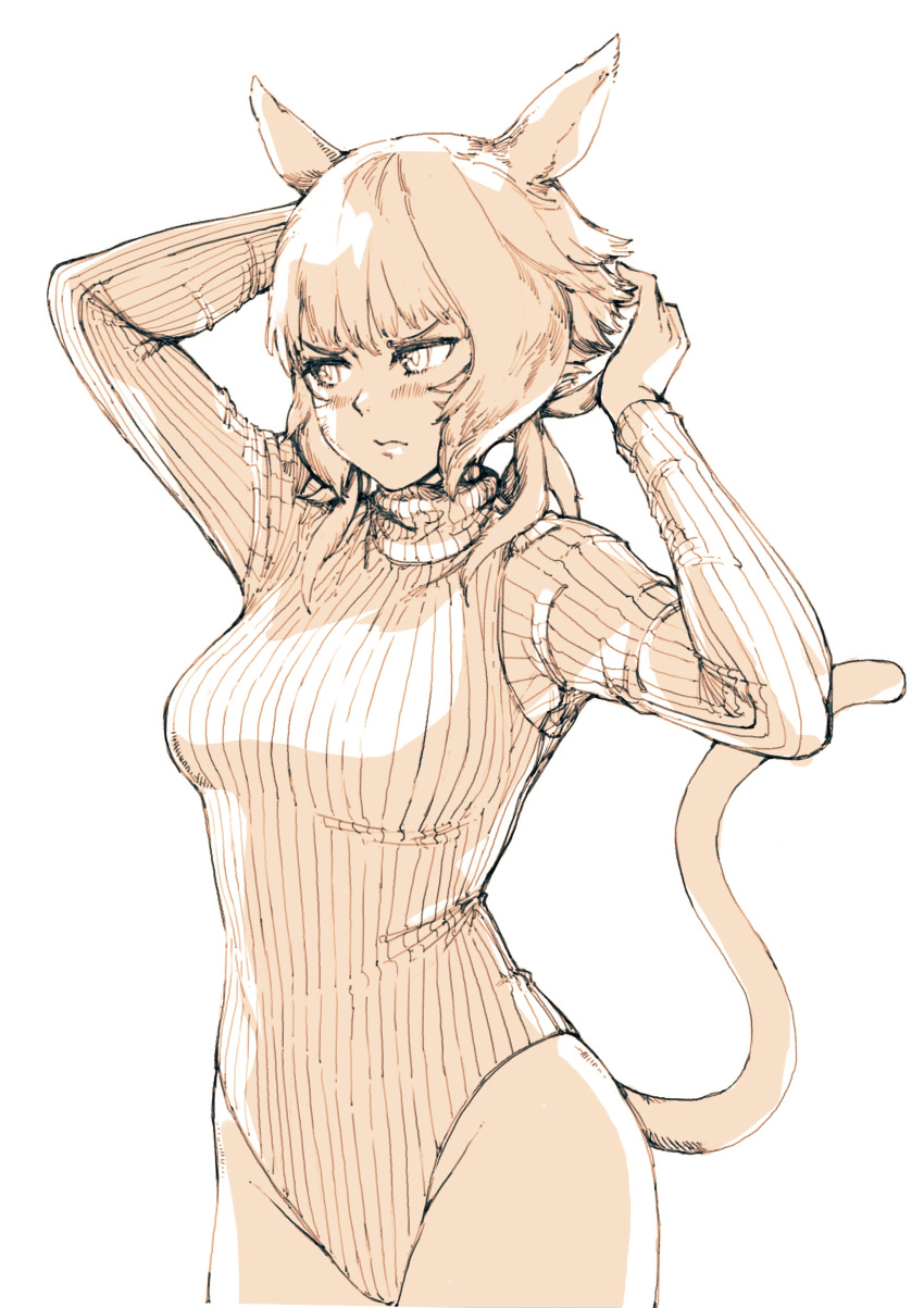 1girl absurdres animal_ears arms_up blush breasts cat_ears cat_girl cat_tail final_fantasy final_fantasy_xiv haimerejzero hair_ribbon highres leotard long_sleeves medium_breasts miqo'te monochrome ribbon short_hair sweater tail thighs turtleneck y'shtola_rhul