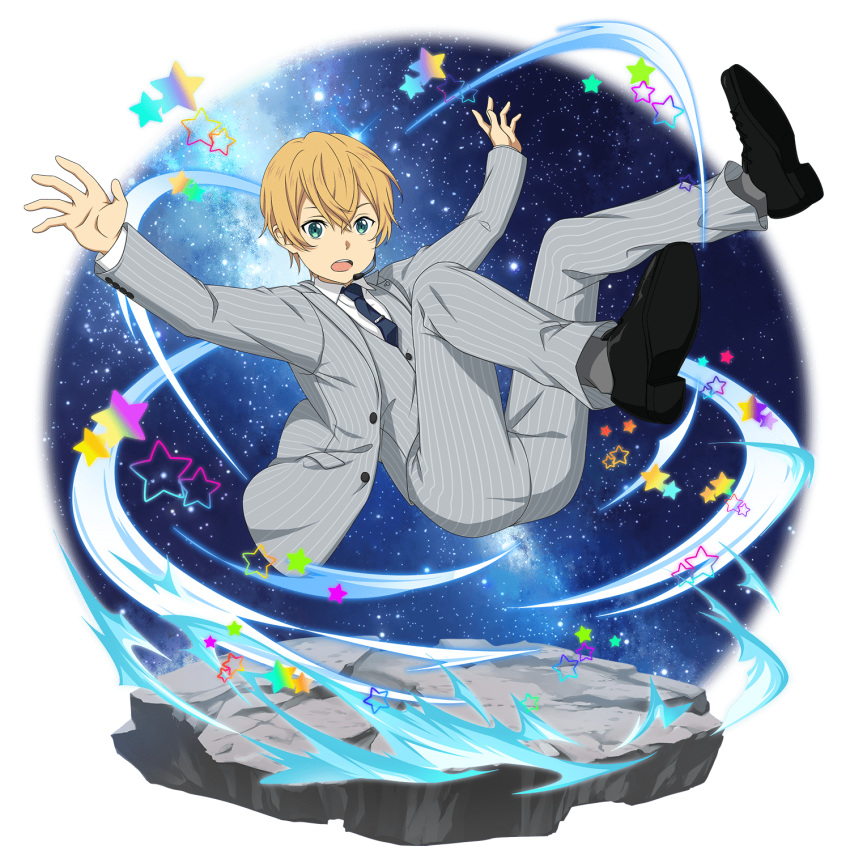 1boy black_footwear blonde_hair blue_eyes blue_neckwear collared_shirt eugeo flying full_body grey_jacket grey_legwear grey_pants hair_between_eyes highres jacket male_focus microphone necktie official_art open_clothes open_jacket open_mouth outstretched_arms pants shirt sky socks solo star star_(sky) starry_sky striped sword_art_online transparent_background vertical-striped_jacket vertical-striped_pants vertical_stripes white_shirt wing_collar