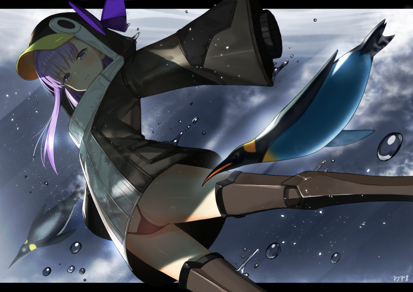 1girl air_bubble animal_hood bangs bikini bird black_bikini black_jacket blue_bow blue_eyes bow breasts bubble fate/grand_order fate_(series) greaves hair_between_eyes hood jacket long_hair long_sleeves looking_at_viewer meltryllis meltryllis_(swimsuit_lancer)_(fate) oz_(user_zakk5472) parted_lips penguin penguin_hood purple_hair sleeves_past_fingers sleeves_past_wrists small_breasts smile swimming swimsuit thighs underwater very_long_hair