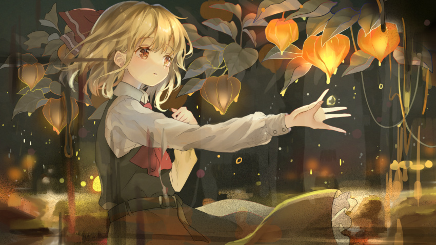 1girl abstract_background arms_up belt black_skirt black_vest blonde_hair chinese_lantern_(plant) commentary_request cravat expressionless glowing hair_ribbon highres leaf long_sleeves looking_to_the_side outstretched_hand parted_lips petticoat piyo_(sqn2idm751) red_eyes red_neckwear ribbon rumia shirt short_hair skirt solo standing touhou upper_body vest water_drop white_shirt