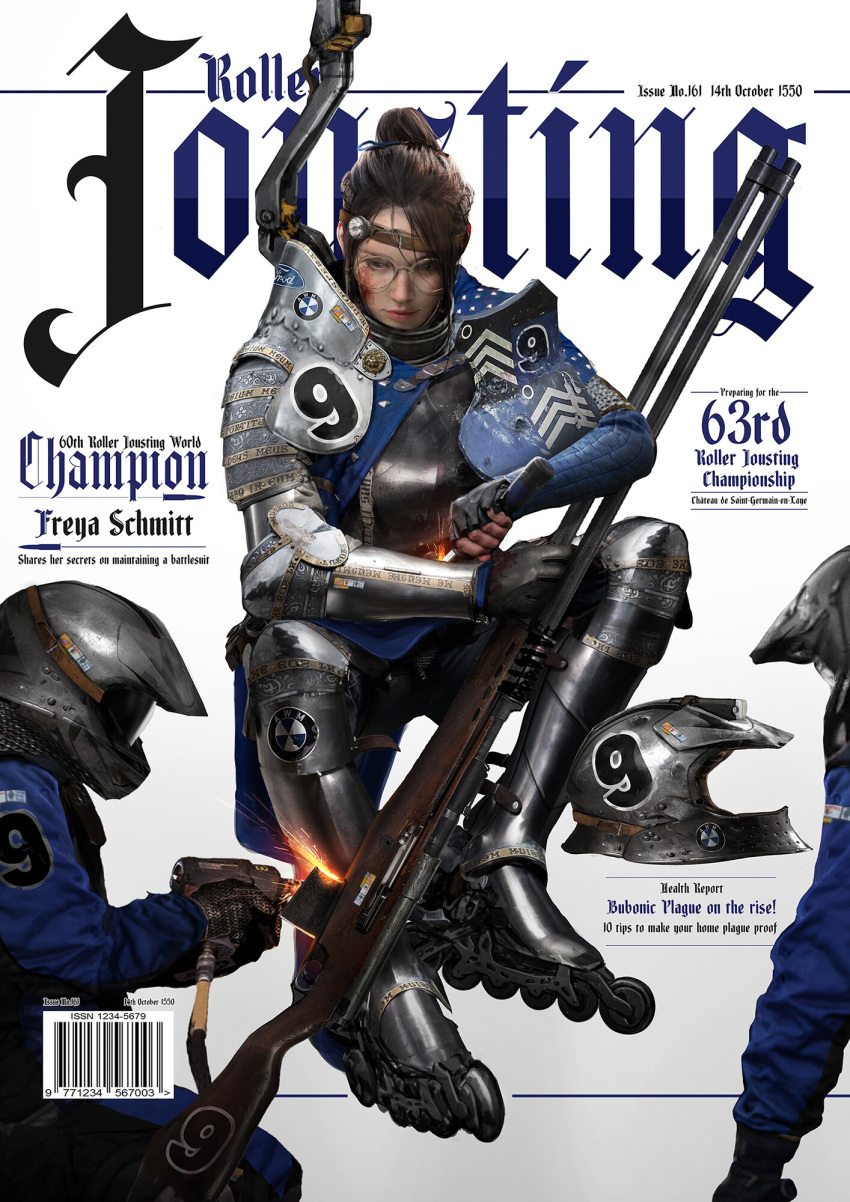1girl 2others armor barcode bmw breastplate brown_hair chainmail commentary concept_art cover dated elbow_pads english_text faceless fake_magazine_cover fantasy faulds fingerless_gloves ford full_armor gauntlets gloves greaves gun hair_through_headwear headwear_removed helmet helmet_removed highres holding holding_gun holding_weapon inline_skates johnson_ting lips long_sleeves looking_at_viewer magazine_cover medieval motocross multiple_others nose number original plate_armor ponytail power_tool realistic roller_skates round_eyewear single_spaulder sitting skates solo spark sponsor tied_hair urban_fantasy weapon