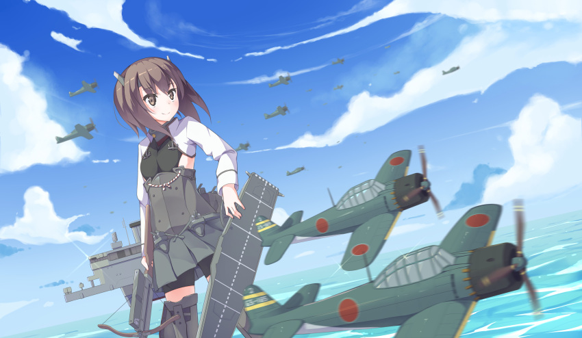 1girl absurdres aircraft anchor bangs bike_shorts blush boots bow_(weapon) brown_hair clouds crossbow day flat_chest flight_deck gedoo_(gedo) headband headgear highres holding holding_weapon kantai_collection long_sleeves ocean outdoors rigging short_hair shorts shorts_under_skirt skirt sky smile solo taihou_(kantai_collection) thigh-highs thigh_boots water weapon