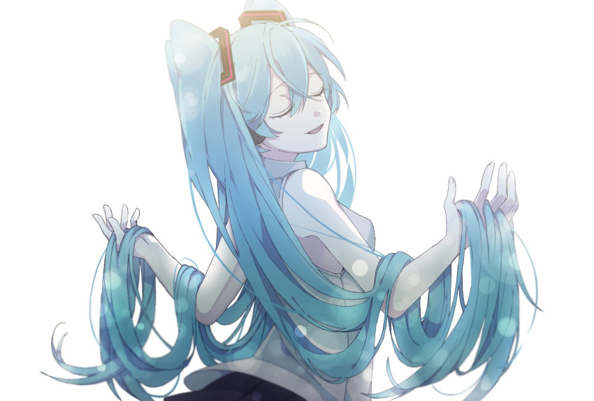 1girl aqua_hair bare_shoulders black_skirt bloom blurry bokeh closed_eyes commentary depth_of_field eiku facing_viewer from_side grey_shirt hair_ornament hands_up hatsune_miku headphones holding holding_hair long_hair open_mouth shirt skirt sleeveless sleeveless_shirt smile solo symbol_commentary twintails very_long_hair vocaloid white_background