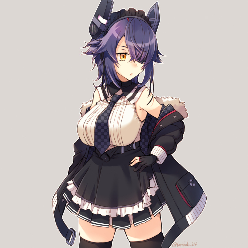 1girl apron artist_name black_gloves black_legwear black_skirt breasts brown_eyes checkered checkered_neckwear eyepatch fur-trimmed_jacket fur_trim gloves hand_on_hip highres jacket kantai_collection kotobuki_(momoko_factory) large_breasts maid maid_apron maid_headdress messy_hair necktie partly_fingerless_gloves purple_hair shirt short_hair skirt sleeveless solo tenryuu_(kantai_collection) thigh-highs twitter_username white_shirt