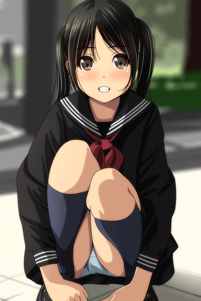 1girl absurdres black_footwear black_hair black_sailor_collar black_serafuku black_shirt black_skirt blue_panties blurry blurry_background blush brown_eyes depth_of_field grey_legwear grin highres kneehighs loafers long_hair looking_at_viewer matsunaga_kouyou neckerchief original panties pleated_skirt polka_dot polka_dot_panties red_neckwear sailor_collar school_uniform serafuku shirt shoes skirt smile solo squatting twintails underwear