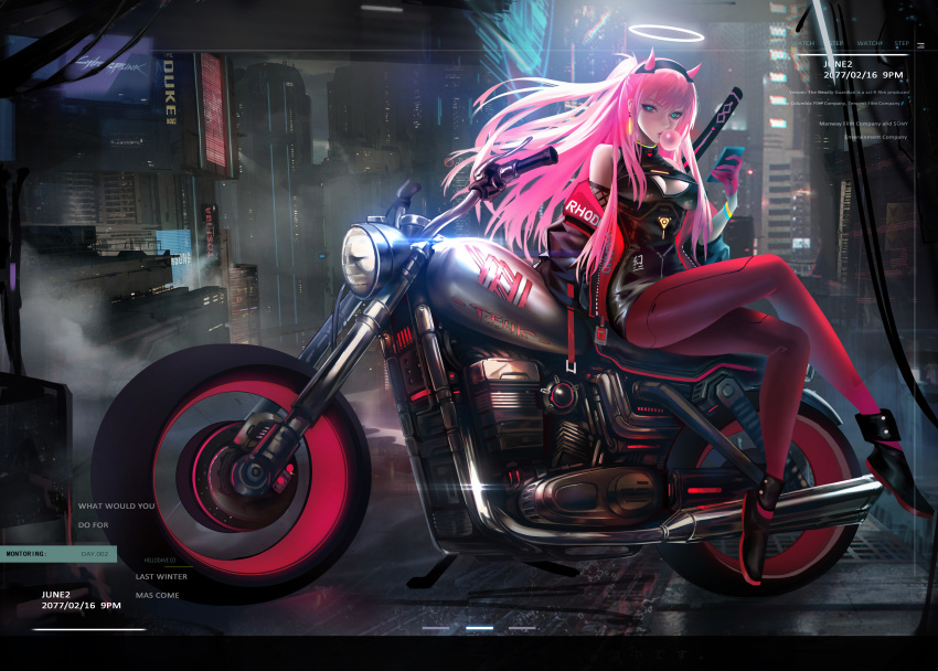 1girl absurdres bangs black_hairband bodysuit breasts cellphone cityscape cleavage_cutout crossed_legs cyberpunk_2077 darling_in_the_franxx gin79 green_eyes ground_vehicle hairband halo highres holding holding_phone huge_filesize long_hair looking_at_viewer medium_breasts motor_vehicle motorcycle night night_sky oni_horns phone pink_hair red_bodysuit red_horns sitting sky smartphone solo zero_two_(darling_in_the_franxx)