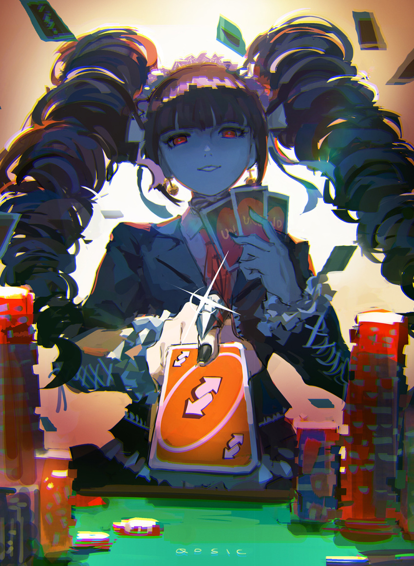 1girl black_hair black_nails bonnet card celestia_ludenberck commentary dangan_ronpa dangan_ronpa_1 directional_arrow drill_hair earrings frills gothic_lolita hairband highres holding holding_card jewelry lolita_fashion long_hair looking_at_viewer nail_polish necktie playing_card poker_chip qosic red_eyes smile solo twin_drills twintails uno_(game) very_long_hair