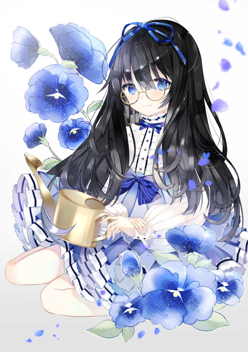 1girl absurdres black_hair blouse blue_eyes blue_nails blue_ribbon blue_skirt blush buttons center_frills closed_mouth commentary_request dress flower frilled_dress frilled_skirt frills glasses hair_ribbon highres huge_filesize kotamun lolita_fashion long_hair long_sleeves nail_polish original puffy_long_sleeves puffy_sleeves ribbon round_eyewear skirt smile solo watering_can white_blouse