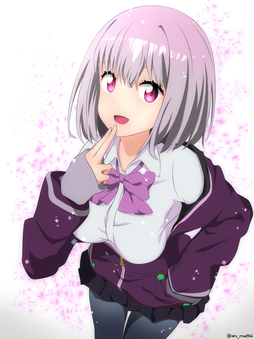1girl :d bangs black_skirt bow breasts collared_shirt hand_in_pocket highres jacket large_breasts long_sleeves looking_at_viewer open_mouth pantyhose pink_eyes pleated_skirt purple_jacket shi_ma86 shinjou_akane shirt short_hair simple_background skirt smile solo ssss.gridman standing white_shirt
