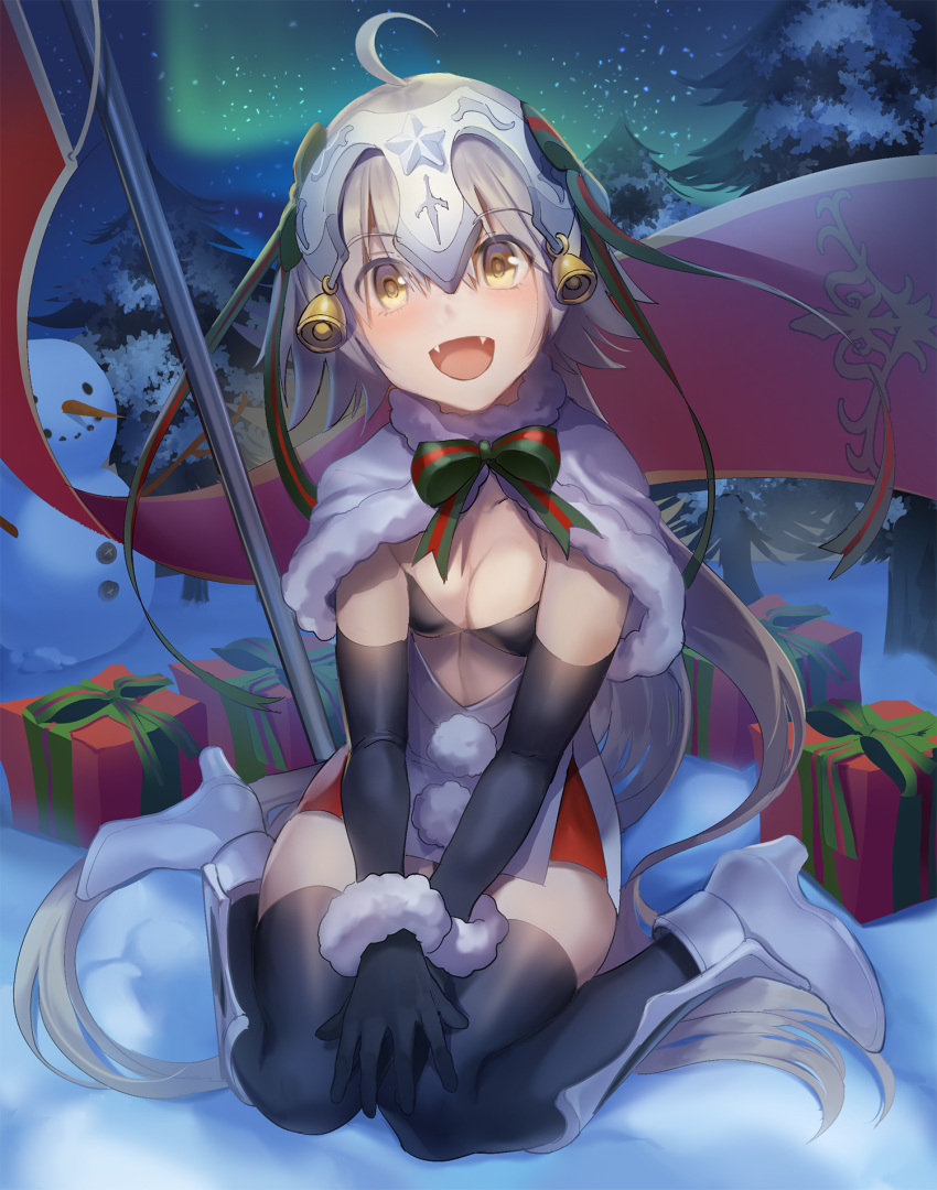 1girl aurora bell black_bikini_top black_gloves black_legwear boba bow capelet dress elbow_gloves fate/grand_order fate_(series) fur-trimmed_capelet fur_trim gift gloves green_bow green_ribbon headpiece highres jeanne_d'arc_(fate)_(all) jeanne_d'arc_alter_santa_lily night night_sky outdoors ribbon short_dress sitting sky snow snowman solo star_(sky) starry_sky striped striped_bow striped_ribbon thigh-highs tree wariza white_capelet white_dress winter