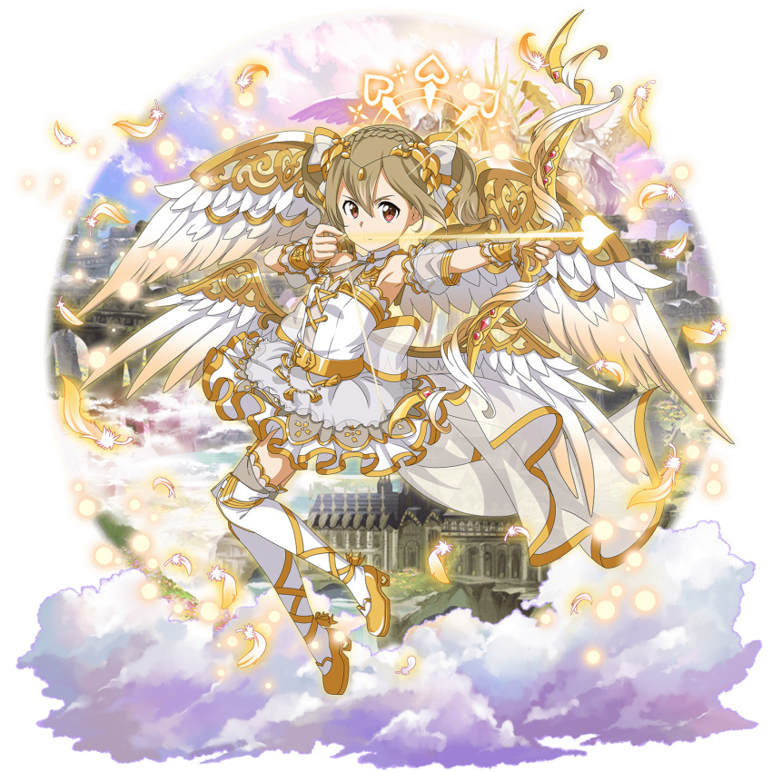 1girl ankle_ribbon armpits arrow belt_buckle bow_(weapon) brown_hair buckle closed_mouth detached_sleeves feathered_wings floating_hair full_body hair_between_eyes hair_ornament highres holding holding_arrow holding_bow_(weapon) holding_weapon layered_skirt looking_at_viewer medium_hair miniskirt official_art pleated_skirt red_eyes ribbon see-through short_sleeves silica skirt solo sword_art_online thigh-highs transparent_background weapon white_feathers white_legwear white_skirt white_wings wings wrist_cuffs yellow_belt yellow_footwear yellow_ribbon zettai_ryouiki