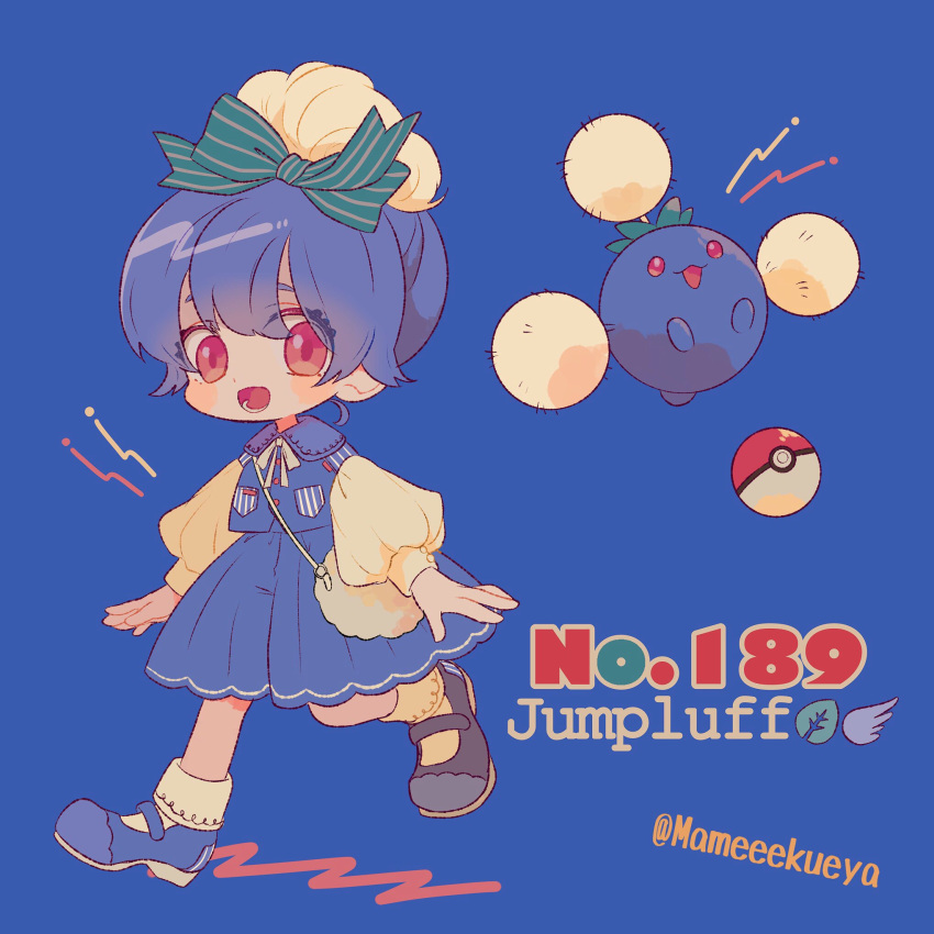 1girl ball bangs blue_background blue_footwear blue_skirt blue_vest creature_and_personification eyes_visible_through_hair gen_2_pokemon highres jumpluff long_sleeves looking_at_viewer mameeekueya number open_mouth personification poke_ball poke_ball_(generic) poke_ball_theme pokemon pokemon_(creature) pokemon_number puffy_long_sleeves puffy_sleeves red_eyes shoes short_hair simple_background skirt smile twitter_username vest walking