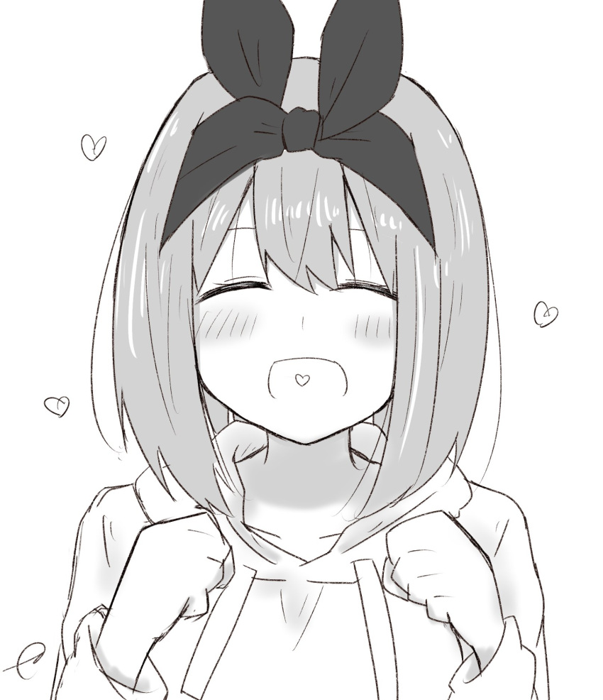 1girl :d ^_^ bangs blush closed_eyes collarbone commentary_request drawstring eyebrows_behind_hair facing_viewer go-toubun_no_hanayome greyscale hair_between_eyes hair_ribbon hands_up heart heart_in_mouth highres hood hood_down hoodie kujou_karasuma long_sleeves monochrome nakano_yotsuba open_mouth ribbon signature simple_background smile solo white_background