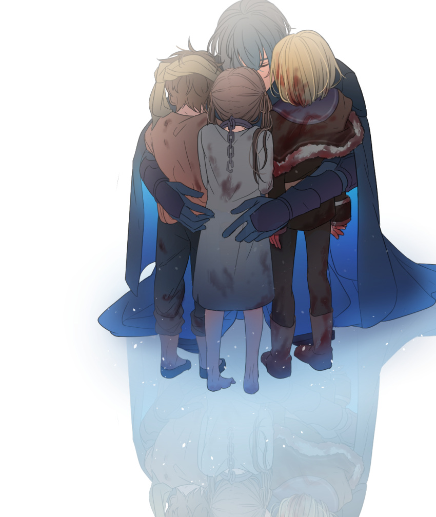 1girl 3boys blonde_hair blood bloody_clothes blue_hair boots brown_hair byleth_(fire_emblem) byleth_eisner_(male) cape chain claude_von_riegan closed_eyes dimitri_alexandre_blaiddyd edelgard_von_hresvelg fire_emblem fire_emblem:_three_houses from_behind fur_trim hair_ribbon highres hug long_hair long_sleeves multiple_boys pants ribbon short_hair twintails user_mnee7855 younger