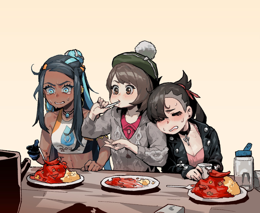 3girls beige_background black_hair black_jacket curry curry_rice dark_skin eating food gogalking grey_cardigan highres jacket leaning_on_person mary_(pokemon) multicolored_hair multiple_girls pepper pokemon pokemon_(game) pokemon_swsh rice rurina_(pokemon) simple_background spicy sweat tam_o'_shanter two-tone_hair yuuri_(pokemon)