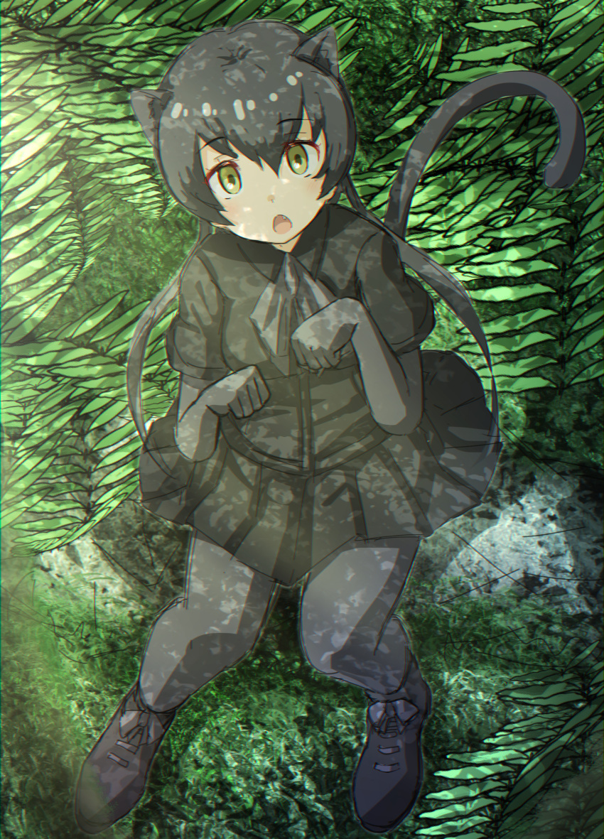 1girl :o absurdres animal_ear_fluff animal_ears bangs black_footwear black_gloves black_hair black_legwear black_leopard_(kemono_friends) black_shirt black_skirt elbow_gloves extra_ears eyebrows_visible_through_hair fang full_body gloves green_eyes grey_neckwear hair_between_eyes highres kakutasu_(akihiron_cactus) kemono_friends leopard_ears leopard_tail long_hair looking_at_viewer outdoors pantyhose paw_pose plant pleated_skirt shirt shoes short_sleeves skirt solo tail twintails