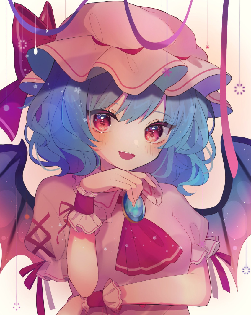 1girl arm_across_waist arms_up bangs bat_wings blouse blue_hair blush breasts brooch chikuwa_(tikuwaumai_) cravat elbow_on_arm eyebrows_visible_through_hair fang gradient gradient_background hat hat_ribbon head_on_hand head_tilt highres jewelry light_particles looking_at_viewer mob_cap open_mouth pink_background pink_blouse pink_headwear puffy_short_sleeves puffy_sleeves red_eyes red_neckwear remilia_scarlet ribbon short_hair short_sleeves small_breasts smile solo standing streamers symbol_commentary touhou upper_body upper_teeth white_background wings wrist_cuffs