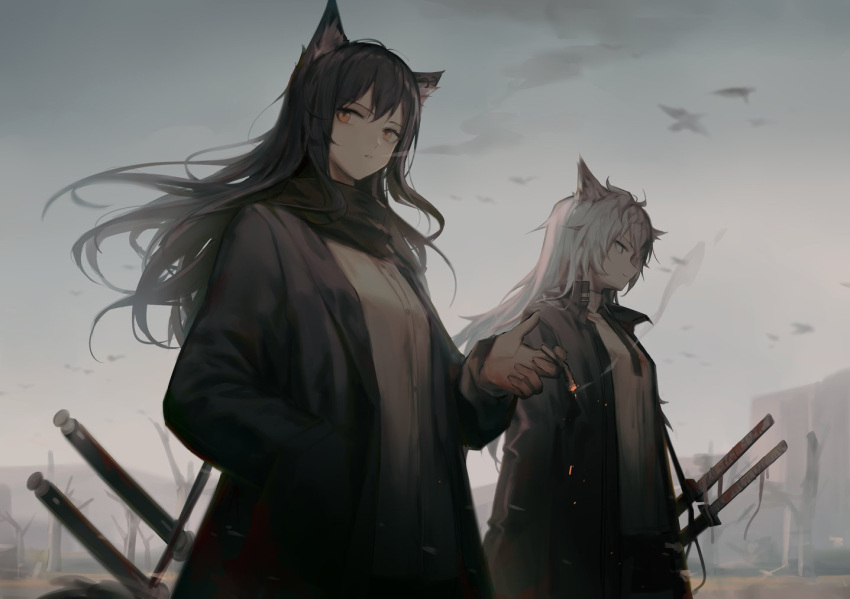 2girls animal_ear_fluff animal_ears arknights bangs bird black_coat black_hair black_scarf blurry blurry_background cigarette coat hair_between_eyes hand_in_pocket holding holding_cigarette huanxiang_heitu lappland_(arknights) long_hair looking_at_viewer looking_to_the_side multiple_girls multiple_swords open_clothes open_coat orange_eyes outdoors scarf shirt sky smoke smoking texas_(arknights) tree upper_body white_hair white_shirt