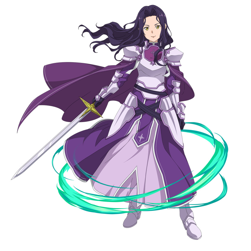 1girl armor armored_boots armored_dress black_gloves boots breastplate cape closed_mouth dress fanatio_synthesis_two floating_hair full_body gloves hair_intakes highres holding holding_sword holding_weapon layered_dress long_dress long_hair looking_at_viewer official_art purple_cape purple_dress purple_hair shiny shiny_hair shoulder_armor smile solo spaulders standing sword sword_art_online transparent_background weapon white_footwear yellow_eyes