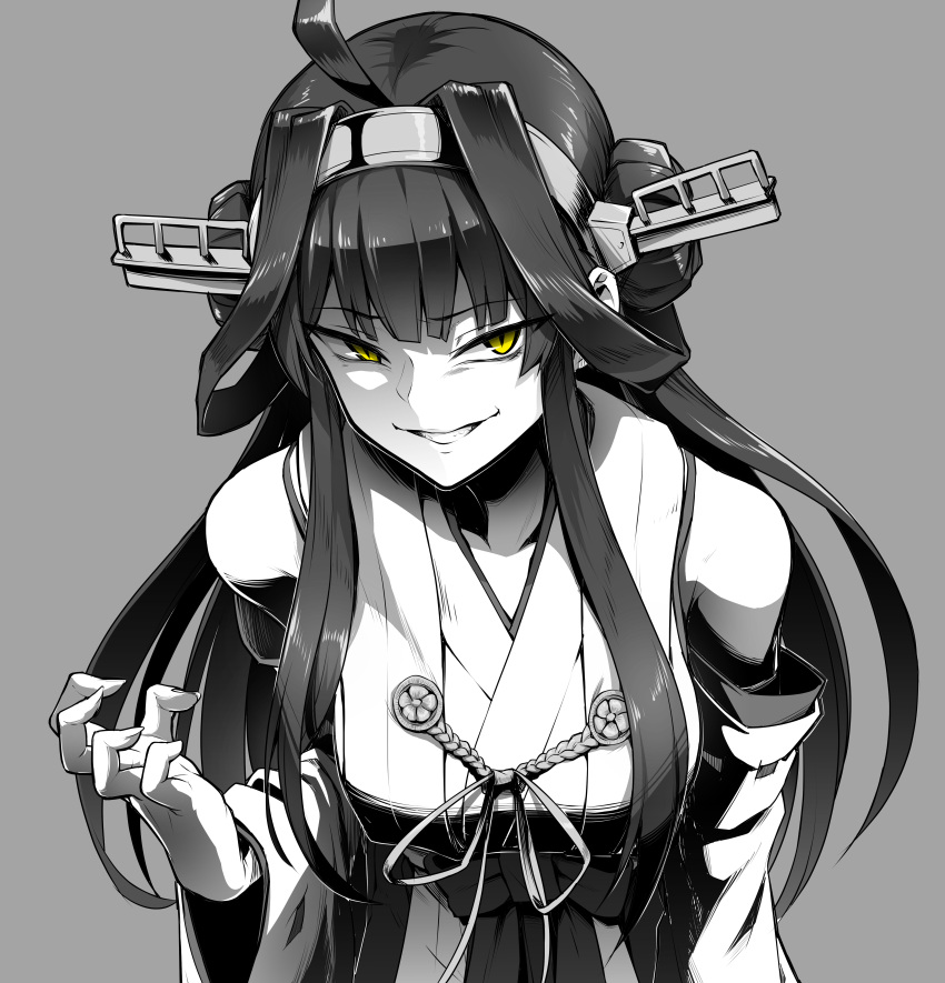 1girl absurdres ahoge bangs bare_shoulders breasts commentary_request detached_sleeves double_bun ebiblue eyebrows_visible_through_hair gesugao greyscale hairband hand_up headgear highres japanese_clothes kantai_collection kongou_(kantai_collection) long_hair looking_at_viewer monochrome nontraditional_miko open_mouth remodel_(kantai_collection) school_uniform shaded_face slit_pupils smile solo spot_color yellow_eyes
