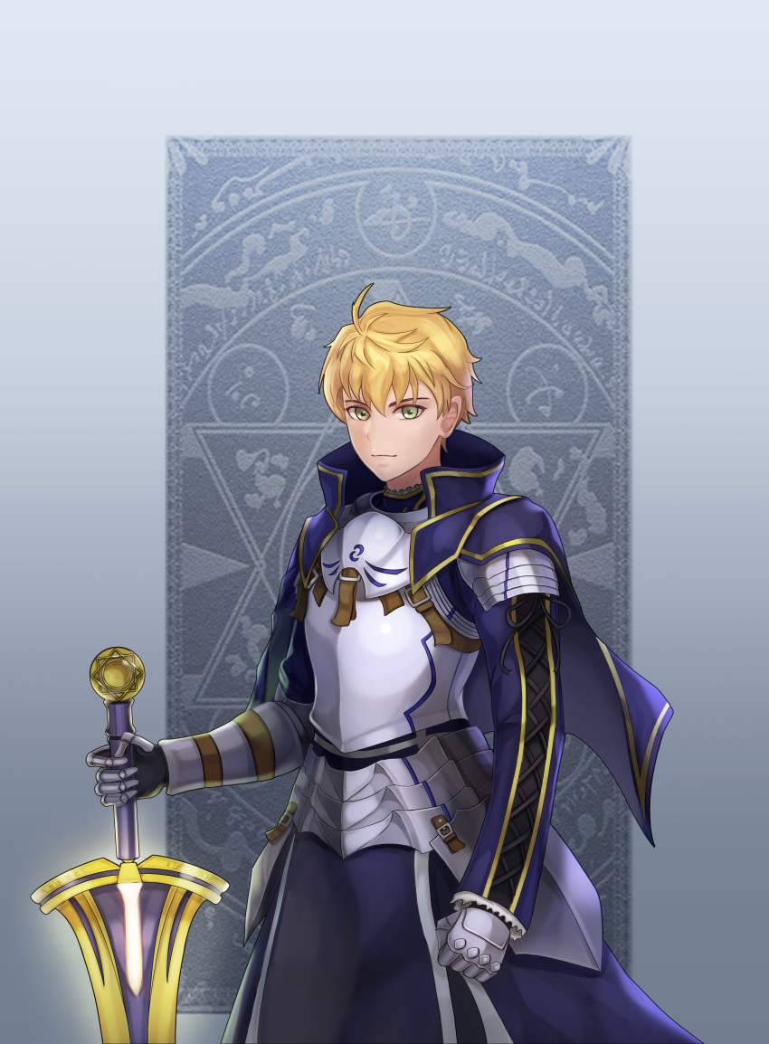 1boy absurdres ahoge armor arthur_pendragon_(fate) bangs blonde_hair commentary fate/grand_order fate_(series) gauntlets green_eyes hair_between_eyes highres holding holding_sword holding_weapon long_sleeves looking_at_viewer male_focus nayamer short_hair smile solo sword weapon