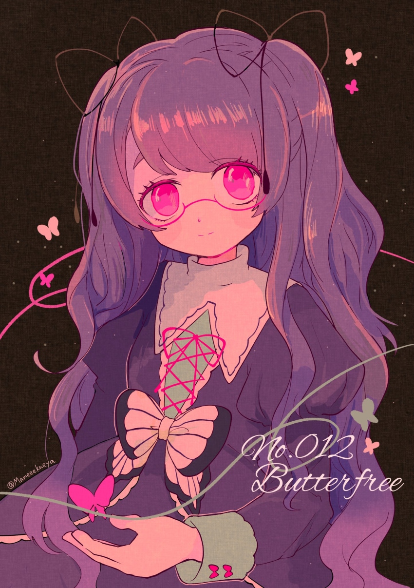 1girl bangs black_background bug butterfly butterfree character_name eyes_visible_through_hair gen_1_pokemon glasses highres insect long_hair long_sleeves looking_at_viewer mameeekueya personification pink_eyes pokemon pokemon_number purple_hair solo swept_bangs twitter_username upper_body