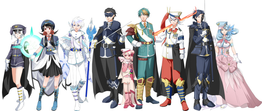 4girls 5boys black_hair blue_hair boots breasts butterfree cape cinderace clenched_hand corviknight dress frosmoth hand_on_hip hat hatterene highres holding holding_sword holding_weapon large_breasts mask multiple_boys multiple_girls muwakahiro over_shoulder pants personification pink_dress pink_hair pocket pokemon polearm rapier shorts spear standing sword weapon white_background white_cape white_hair white_headwear white_legwear white_pants wristband