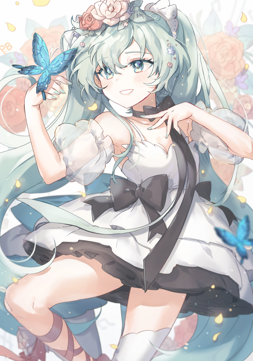 1girl absurdres aqua_eyes aqua_hair bare_shoulders black_bow blush bow bug butterfly choker collarbone commentary dress eyebrows_visible_through_hair flower hair_flower hair_ornament hatsune_miku highres insect long_hair ranobigi0820 red_flower red_rose rose single_thighhigh sleeveless sleeveless_dress smile solo thigh-highs twintails very_long_hair vocaloid white_dress white_legwear